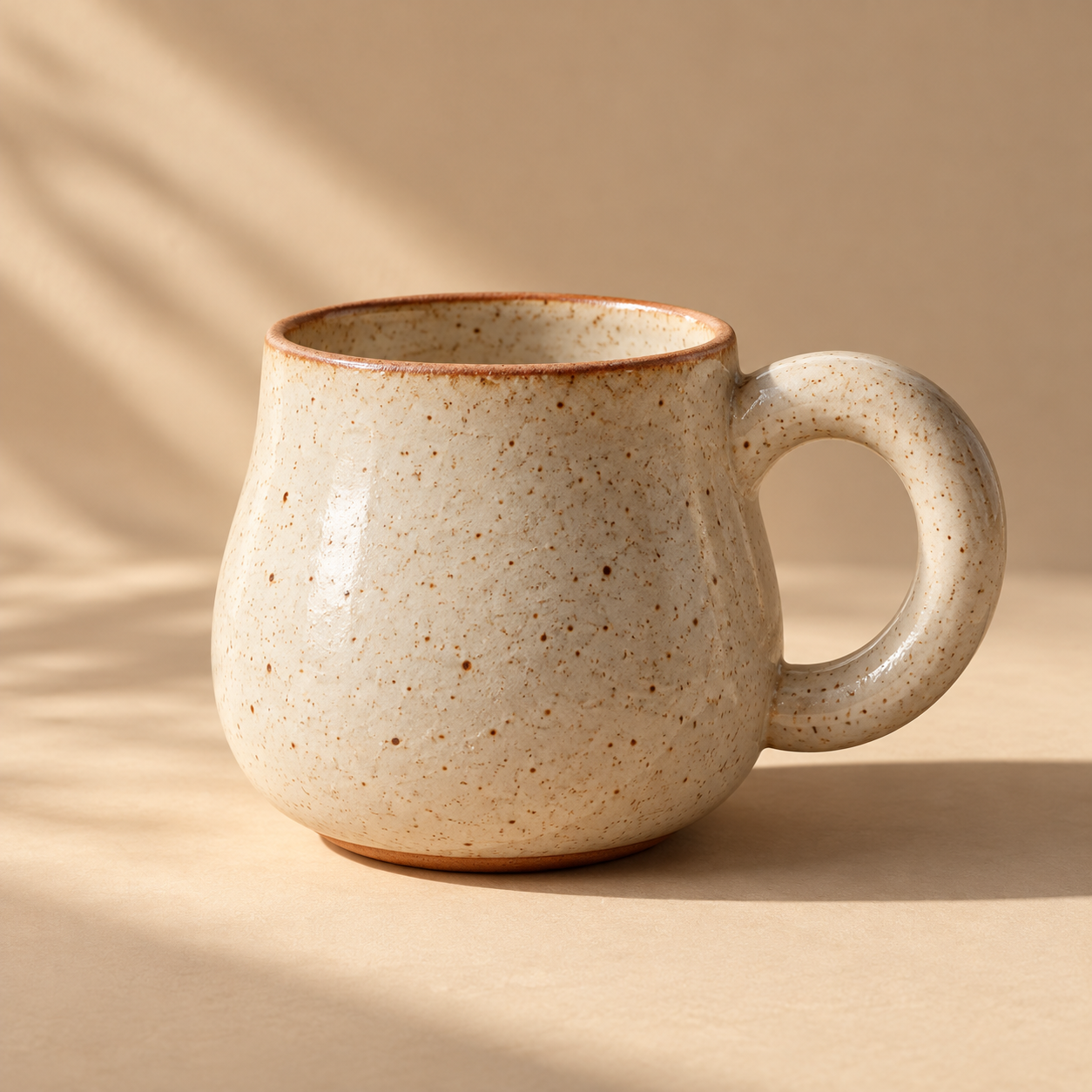 Ivory speckled ceramic mug with a terracotta rim in warm studio light