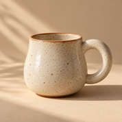 Ivory speckled ceramic mug with a terracotta rim in warm studio light