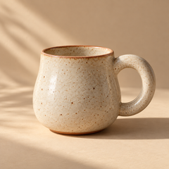Ivory speckled ceramic mug with a terracotta rim in warm studio light