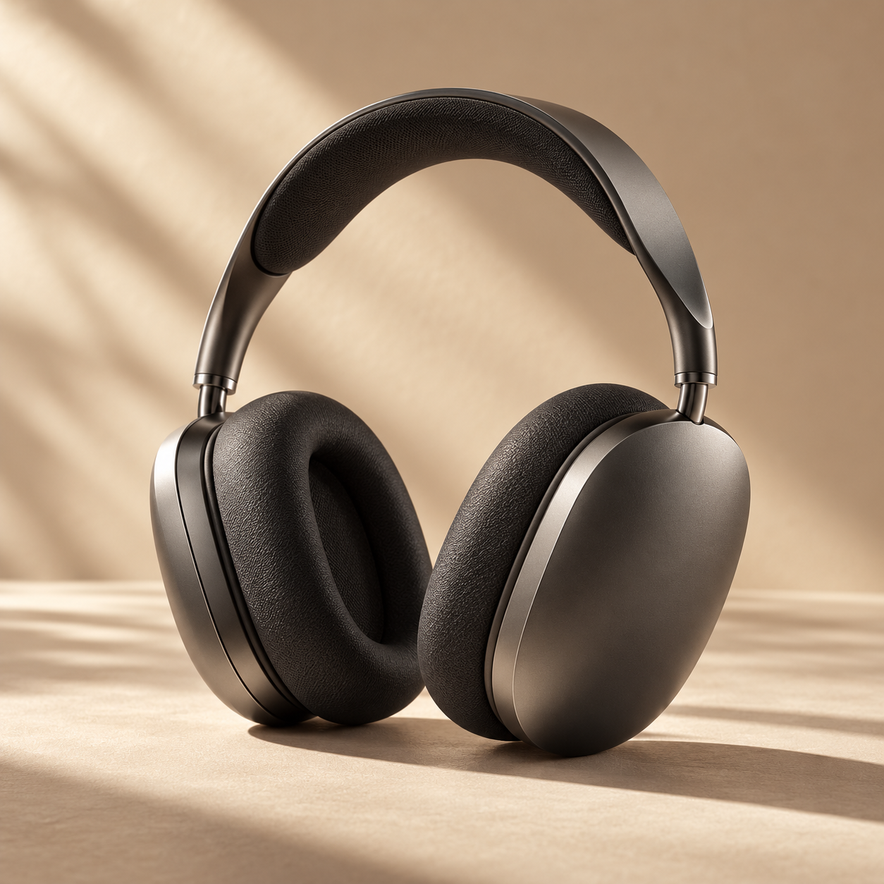 premium over-ear headphones in matte charcoal aluminum, soft black ear cushions and sculptural curved headband