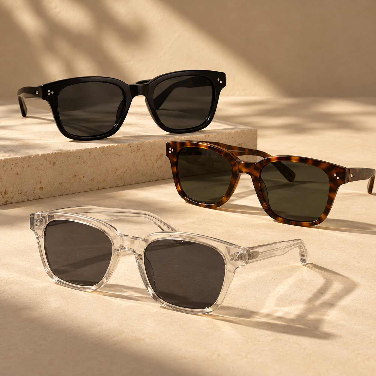 three pairs of premium acetate sunglasses arranged carefully: black, tortoiseshell brown, and crystal clear frames, dark lenses