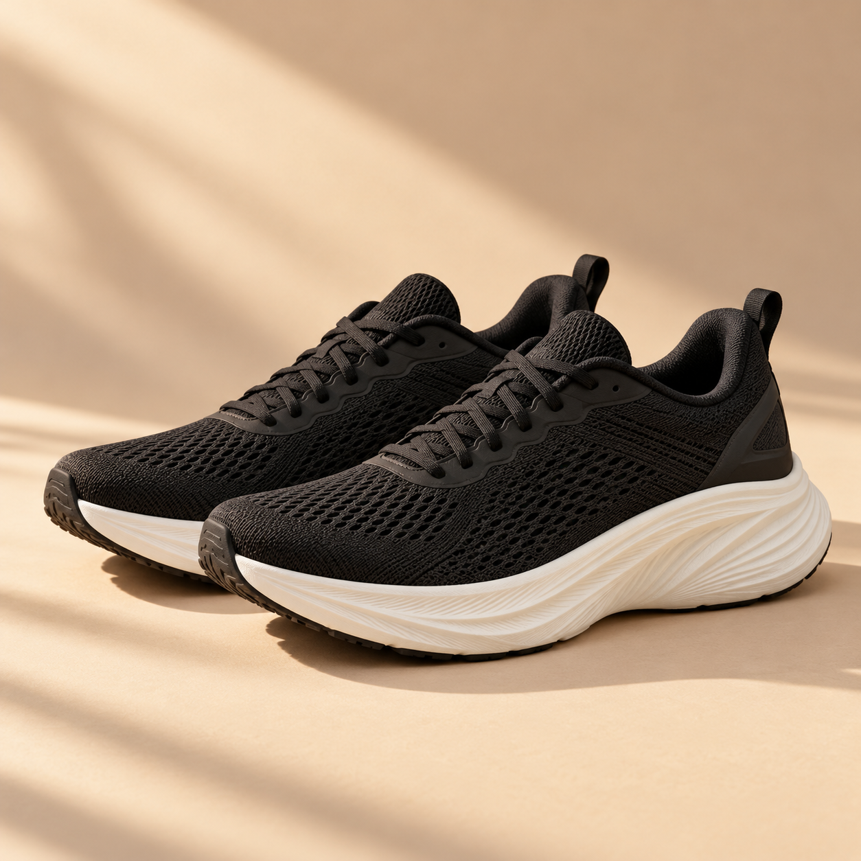a pair of modern black performance running shoes with sculpted white foam midsoles, breathable mesh, side angle