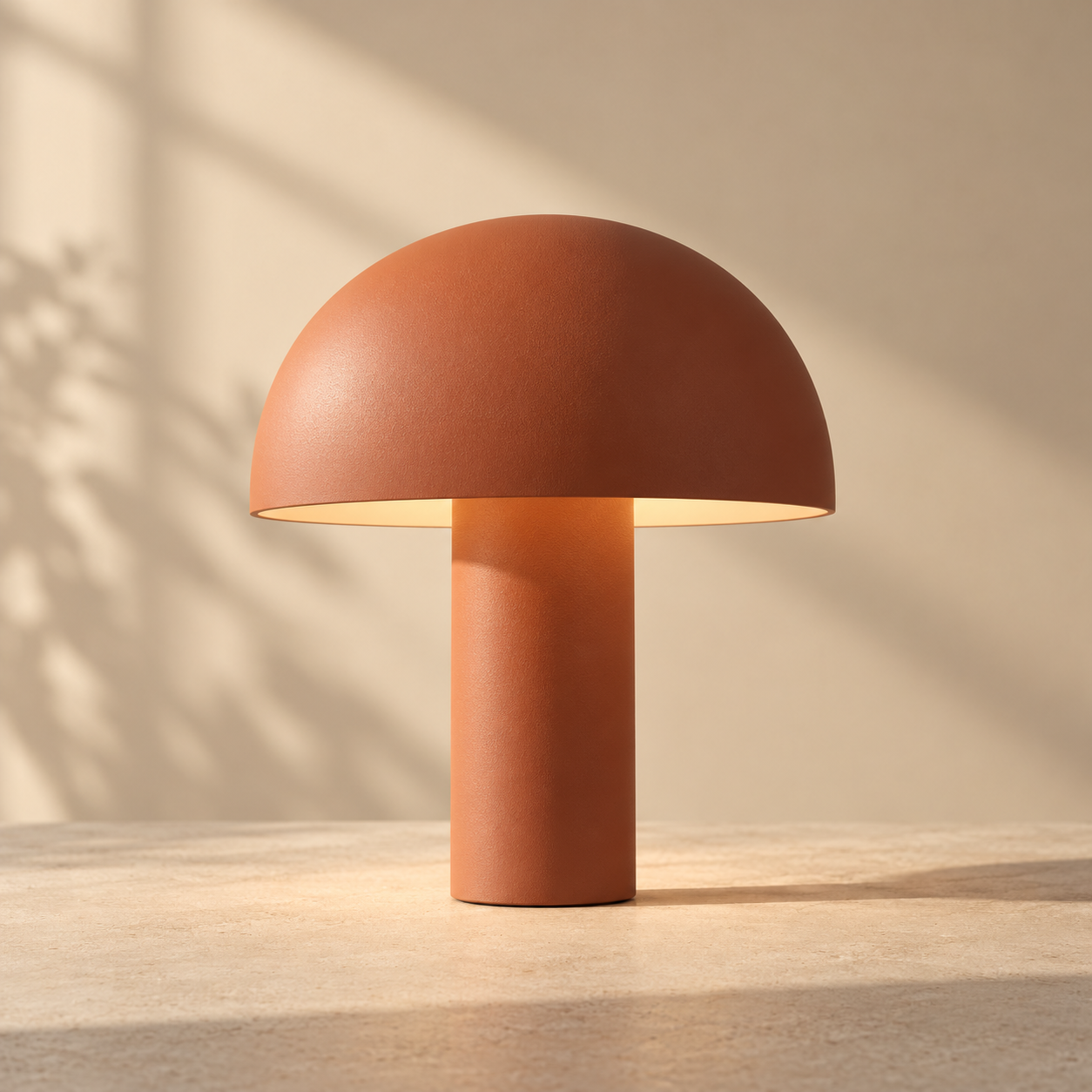 one sculptural mushroom-shaped desk lamp in terracotta powder-coated metal, compact rounded shade and cylindrical stem