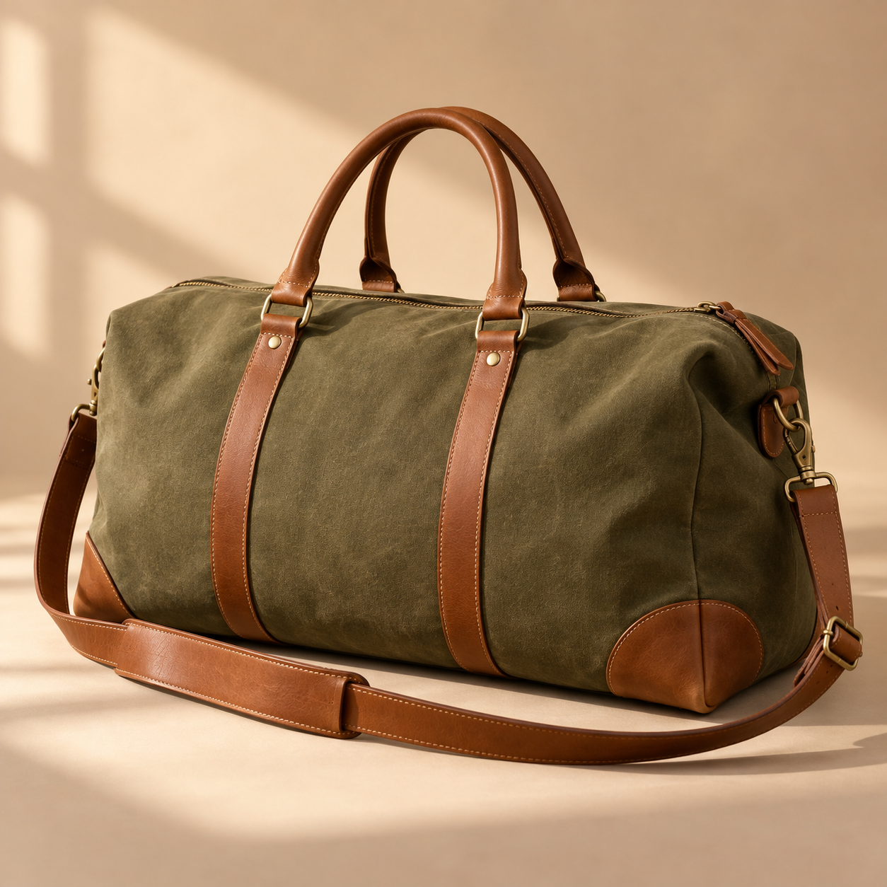 one premium olive canvas weekender duffel bag with tan leather handles and long shoulder strap, upright three-quarter view