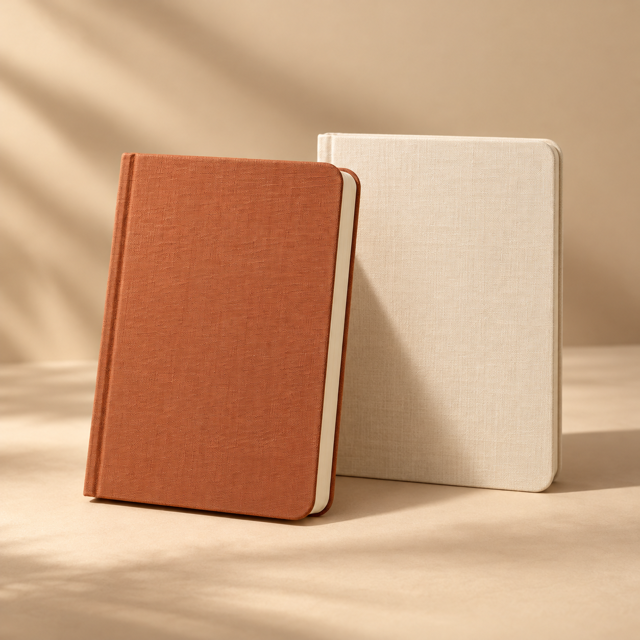 one terracotta linen-covered notebook with rounded corners and cream pages, beside a closed cream notebook, elegant stationery still life
