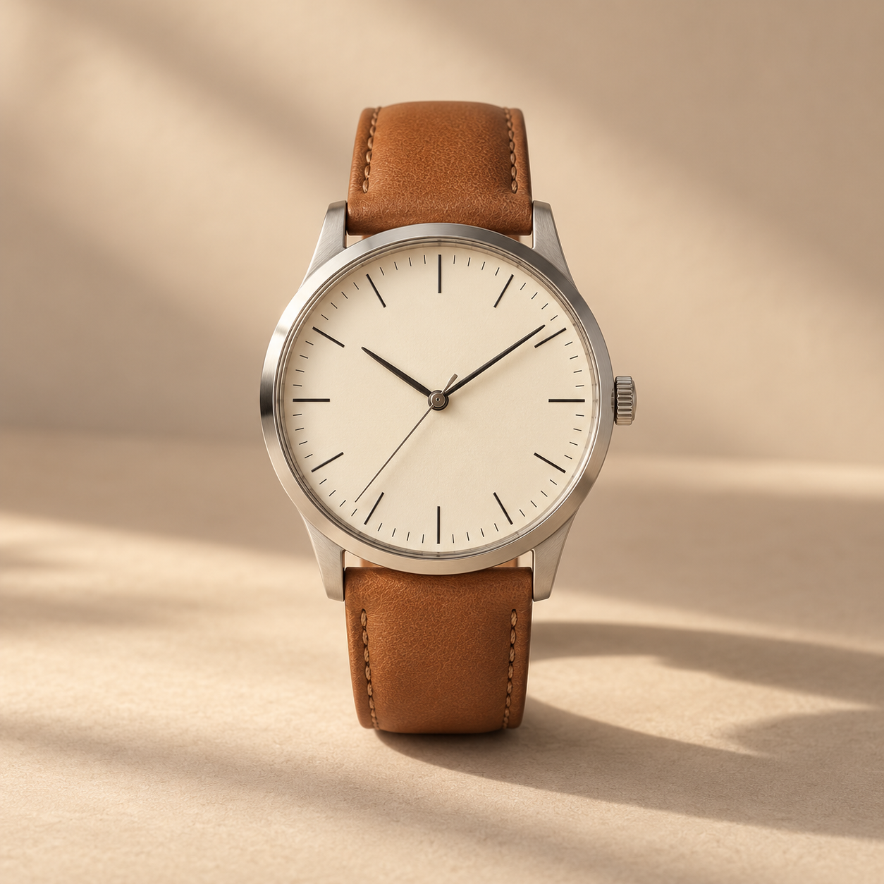 one minimalist stainless-steel wristwatch with warm ivory dial, fine black hour markers, tan leather strap, accurately shaped hands, no branding