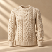 one premium cream cable-knit crewneck sweater, invisible mannequin front view, soft chunky natural wool texture, no person