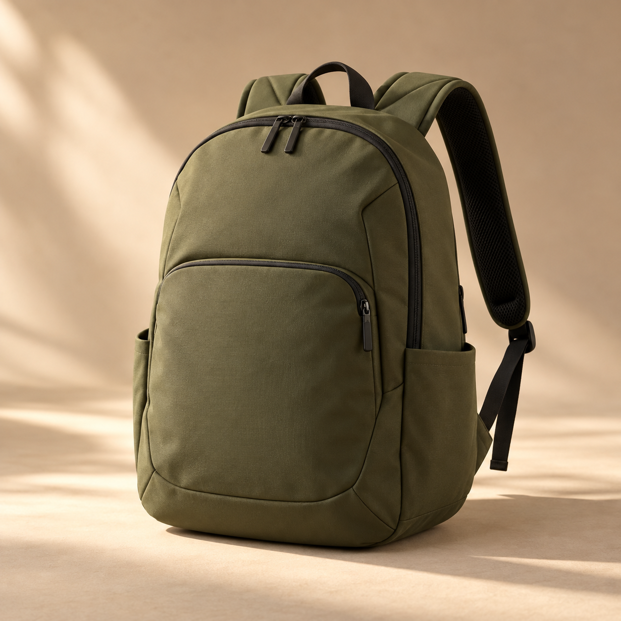 one premium olive technical backpack with clean rounded silhouette, black zippers and sculpted padded straps, upright three-quarter view