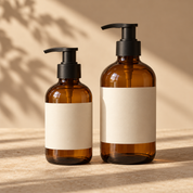 two amber glass hand-wash pump bottles, one small 250ml and one larger 500ml, matte black pumps and blank cream labels, no letters