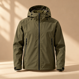 one premium olive technical hooded outdoor jacket with black zippers and neat seam details, invisible mannequin front view, no person