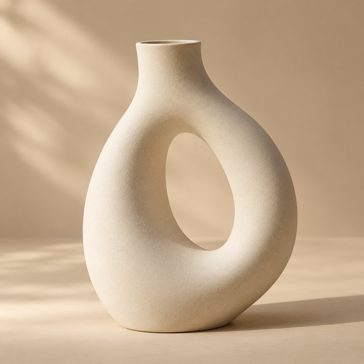 one sculptural ivory ceramic vase shaped like an asymmetric loop, tactile matte glaze
