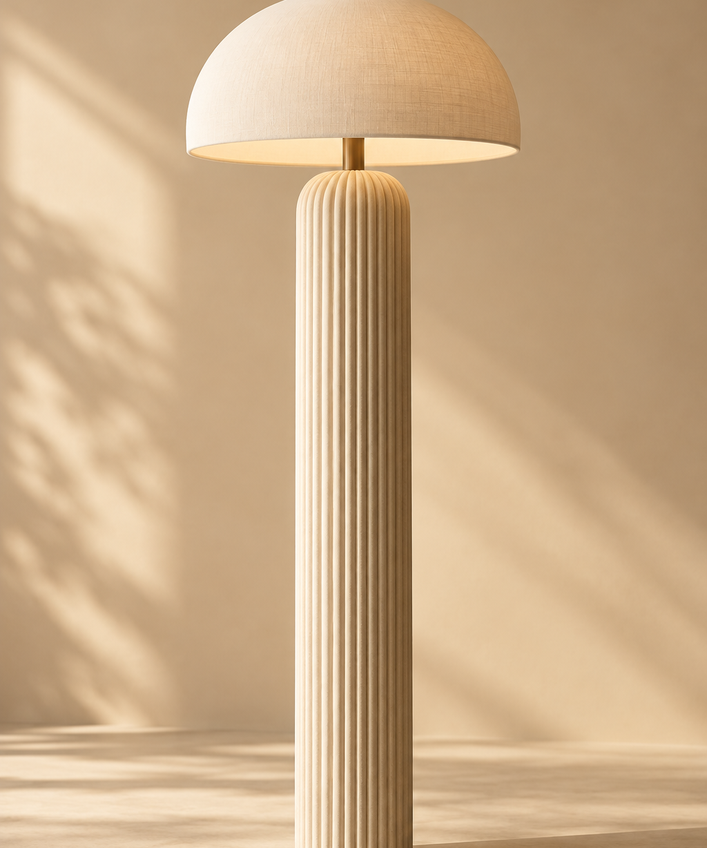 one tall sculptural cream floor lamp with a ribbed cylindrical base and rounded mushroom shade, full height portrait composition