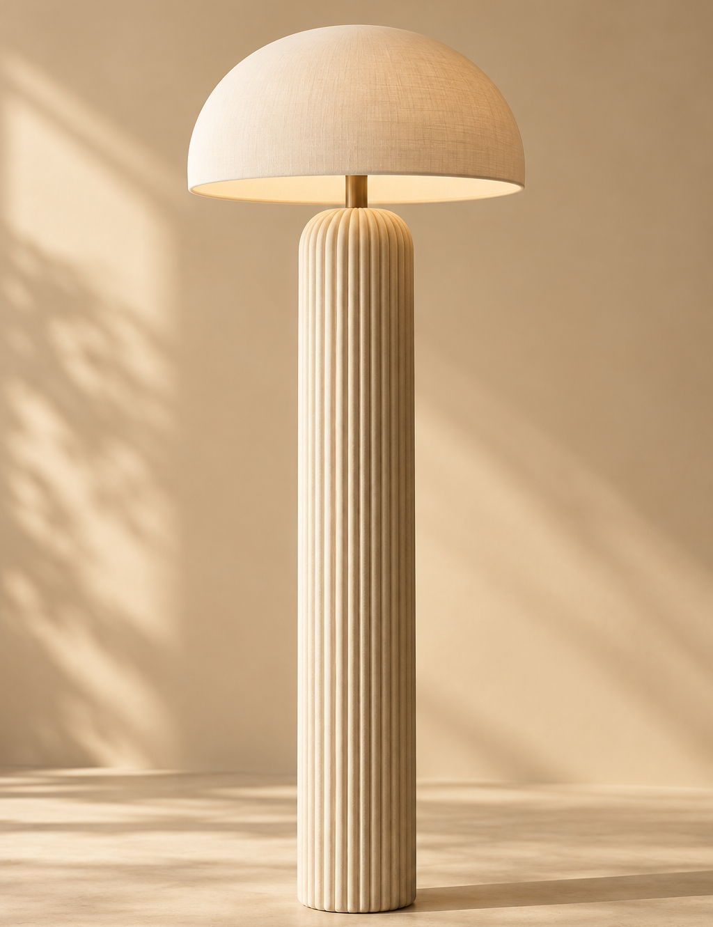 one tall sculptural cream floor lamp with a ribbed cylindrical base and rounded mushroom shade, full height portrait composition