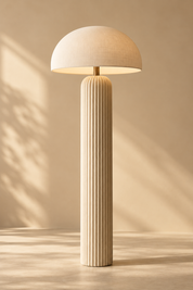 one tall sculptural cream floor lamp with a ribbed cylindrical base and rounded mushroom shade, full height portrait composition