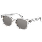 one pair of crystal clear acetate sunglasses with softly rounded rectangular frames and warm grey lenses, three-quarter angle, isolated cutout