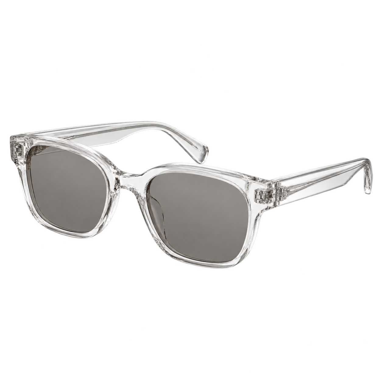 one pair of crystal clear acetate sunglasses with softly rounded rectangular frames and warm grey lenses, three-quarter angle, isolated cutout