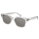 one pair of crystal clear acetate sunglasses with softly rounded rectangular frames and warm grey lenses, three-quarter angle, isolated cutout