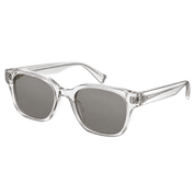 one pair of crystal clear acetate sunglasses with softly rounded rectangular frames and warm grey lenses, three-quarter angle, isolated cutout