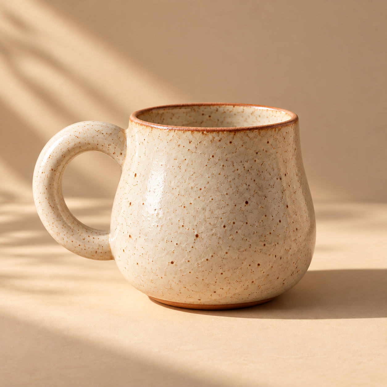 Studio Mug — side profile with the rounded handle on the left, warm studio background