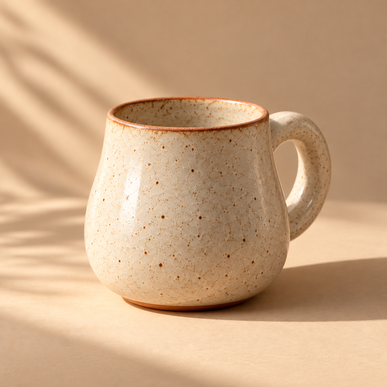 Studio Mug — rear three-quarter view, handle partly visible on the far side, warm studio background