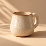 Studio Mug — rear three-quarter view, handle partly visible on the far side, warm studio background