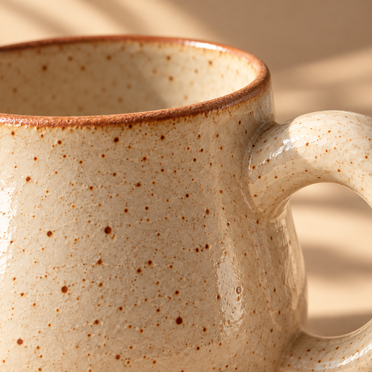 Studio Mug — close-up macro of the speckled ceramic glaze and terracotta rim, shallow depth of field