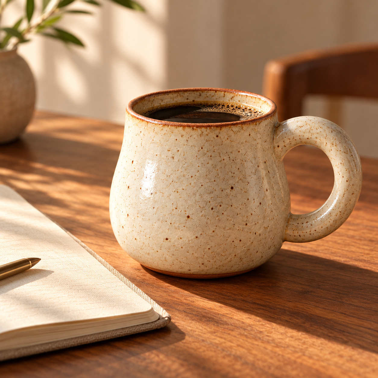 Studio Mug — filled with dark coffee on a walnut table beside an open linen notebook, morning sunlight