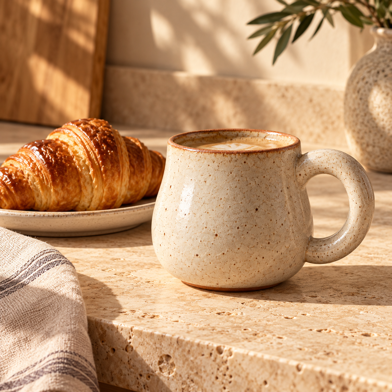 Studio Mug — on a travertine breakfast counter beside a croissant on a simple ceramic plate