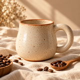 Studio Mug — on a cream linen cloth with a wooden teaspoon and loose coffee beans