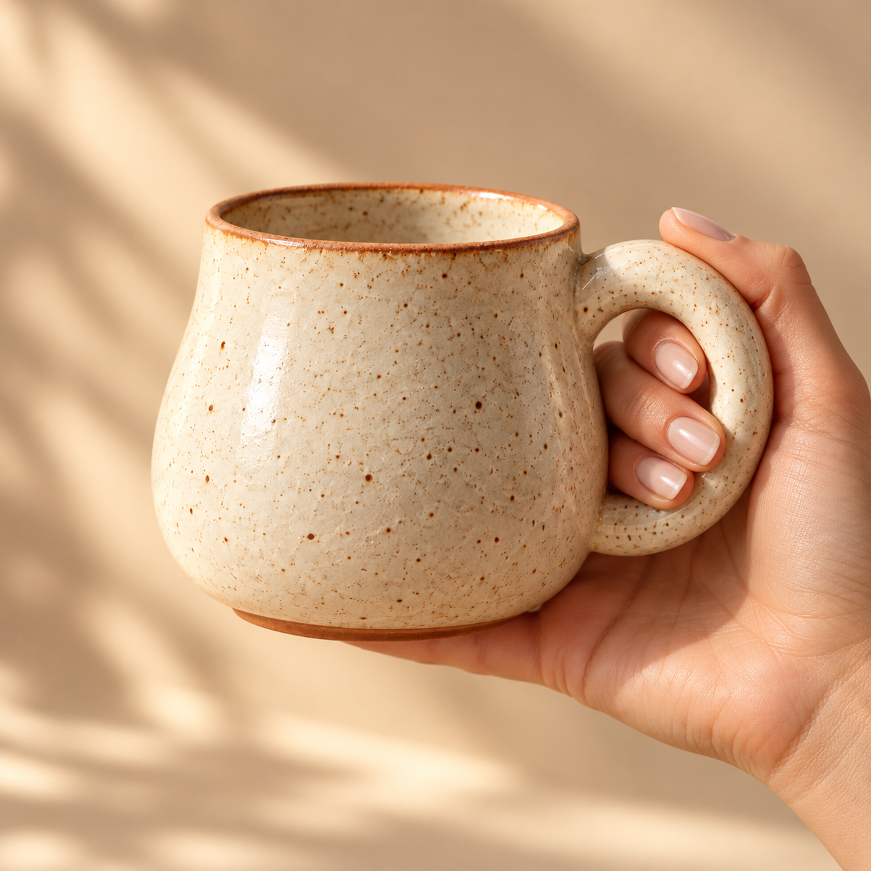 Studio Mug — held by one adult hand to demonstrate scale, close-up, softly blurred beige studio background