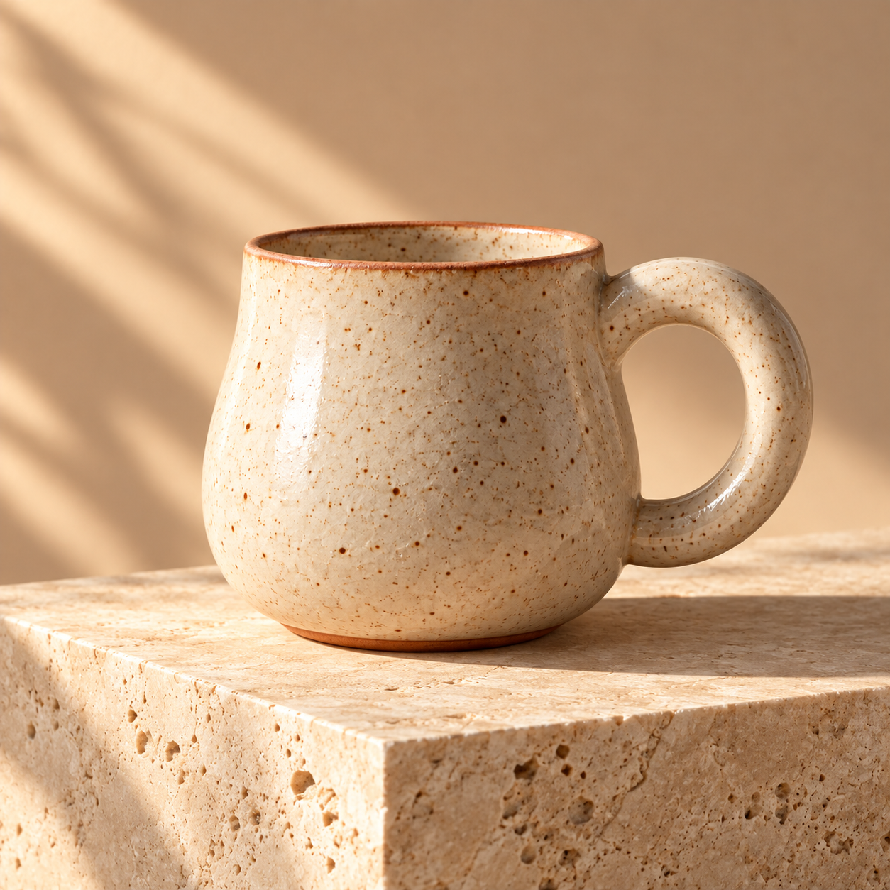 Studio Mug — side view on an elevated travertine plinth with a long soft afternoon shadow