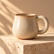 Studio Mug — side view on an elevated travertine plinth with a long soft afternoon shadow