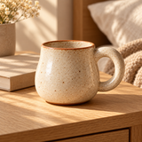 Studio Mug — on an oak bedside table with a closed book and a soft beige throw in the background