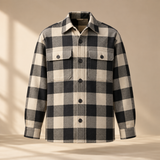 one premium cream and black checkered cotton twill overshirt with two square chest pockets, tonal buttons and relaxed tailored silhouette, invisible mannequin full front view, no person