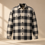 one premium cream and black checkered cotton twill overshirt with two square chest pockets, tonal buttons and relaxed tailored silhouette, invisible mannequin full front view, no person
