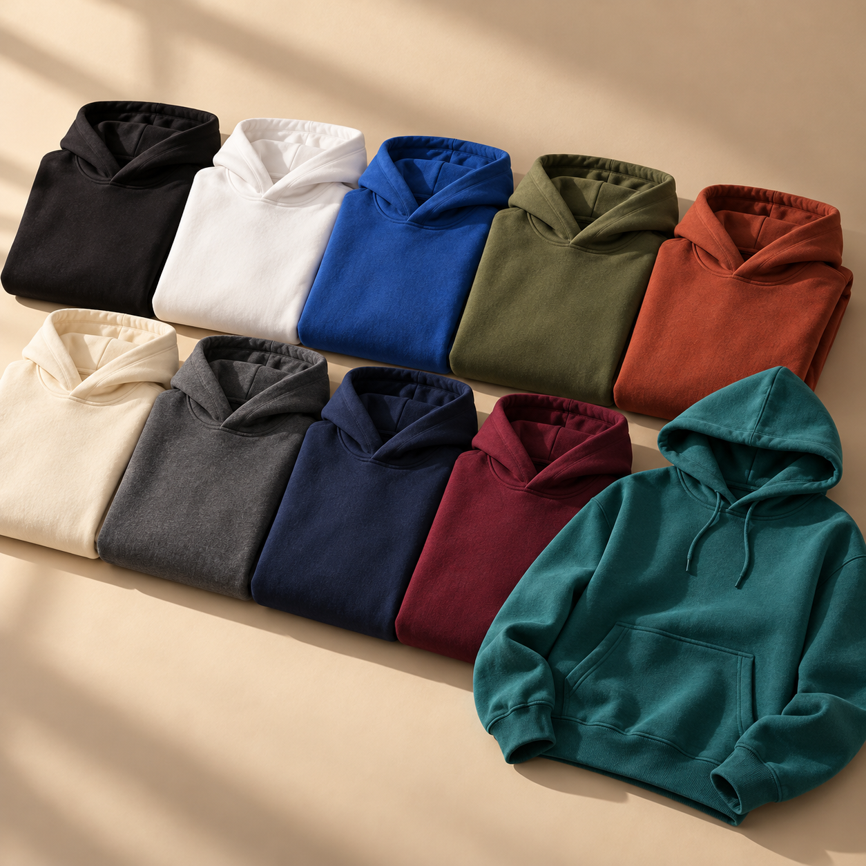 Spectrum Hoodie collection in ten colors, with a teal hoodie in front on a warm studio backdrop